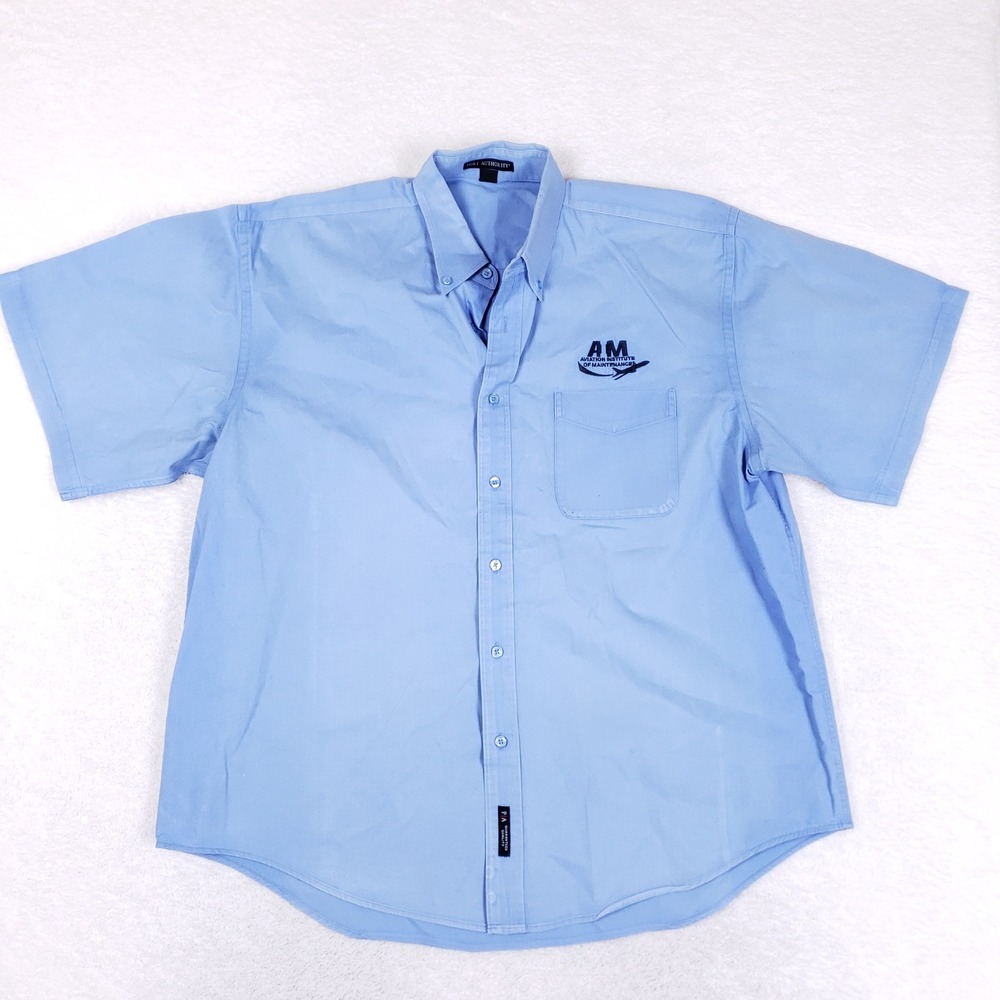 Port Authority Mens 2XL Blue Short Sleeve Button Down AM Airplane Logo Shirt